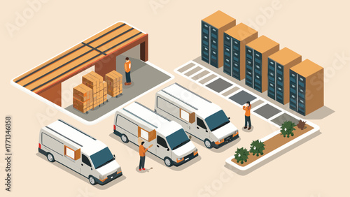 Isometric illustration of logistics and delivery operations with vans warehouse and storage units in a clean modern style