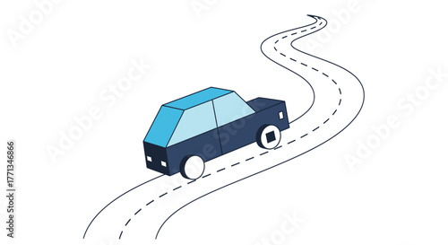 A blue car driving on a winding road.