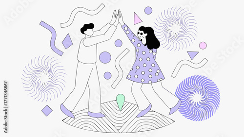 Joyful diverse couple celebrating success with a high five surrounded by abstract shapes and festive confetti in a modern flat illustration style