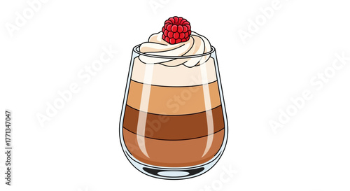 Layered Coffee Drink with Whipped Cream and Raspberry.