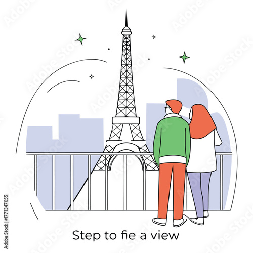 Tourists ascend the eiffel tower at night in paris illuminated cityscape