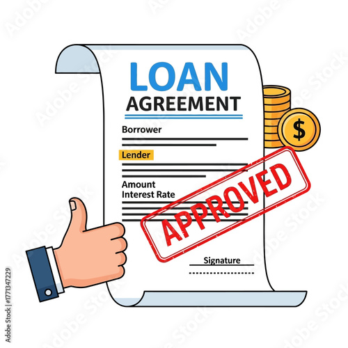Loan Agreement Approved with Thumbs Up and Coins.