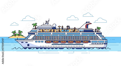 Luxury Cruise Ship Sailing on the Ocean Near a Tropical Island.