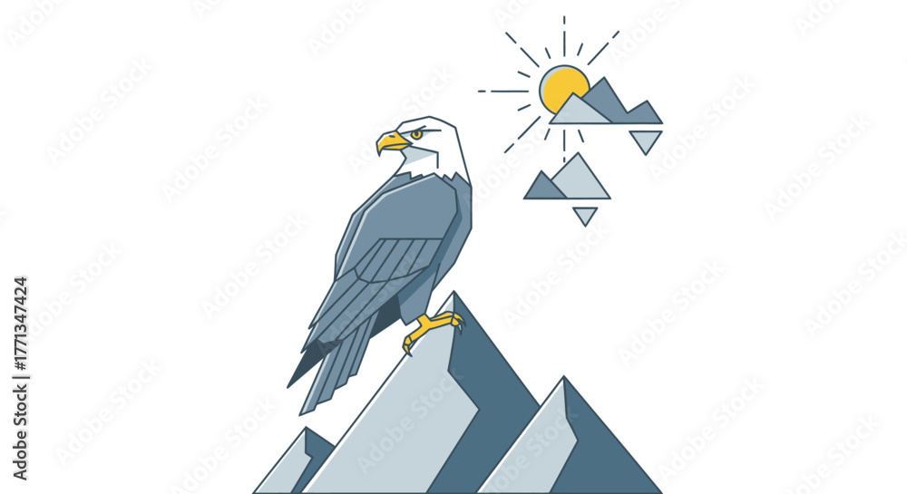 Fototapeta premium Majestic Eagle Perched on Mountain Peak Under a Stylized Sun.
