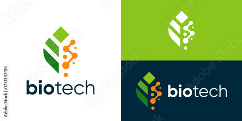 Creative modern bio tech logo template. Green leaf with molecular science logo design vector illustration.