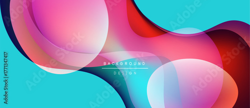 Abstract fluid shapes overlap, creating vibrant color gradients. Turquoise background complements pinks, purples, reds. Modern design element.