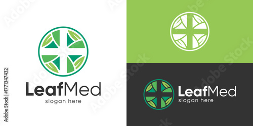 Creative simple leaf med logo template. Abstract plus symbol in circle shape with leaf medical logo design vector illustration.