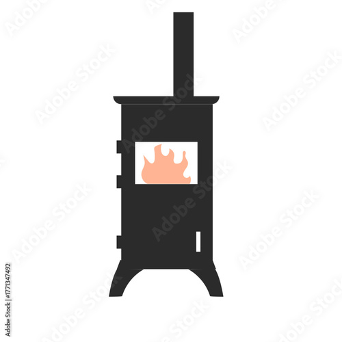 薪を燃やす薪ストーブを描いたベクターイラストで冬のぬくもりと落ち着いた雰囲気を表現｜レトロなインテリアやアウトドアのデザインに使いやすい暖房器具のイラスト