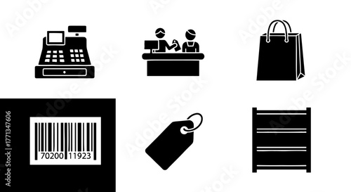 Retail Checkout Process Icons Set: Customer Paying at Counter with Cashier, Shopping Bag, Barcode Scanning, Price Tag & Store Shelves for E-commerce, Business & Marketing Design (Modern Symbol Set) 19