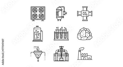 Carbon Capture & Sequestration Process: Industrial Equipment Icons Depicting CO2 Removal, Mineralization, Cooling, Chemical Processing, & Factory Emission Reduction in a Modern, Clean Line Art Style f