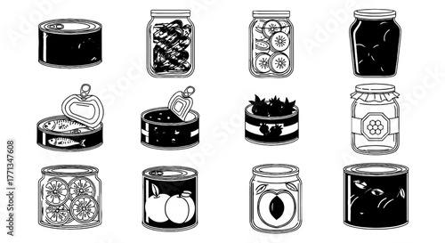 Preserved Food Illustration: Canned Goods and Pickled Jars Displayed in Kitchen Setting for Cooking and Home Economics Education, Retro Black and White Style for Culinary Presentations and Menu Design