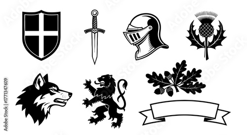 Heraldic Elements Symbols Collection Featuring Shield, Sword, Knight Helmet, Thistle, Wolf, Lion, Oak Branch and Banner for Medieval Design, Coat of Arms, Graphic Assets, Historical Illustration,  Ret