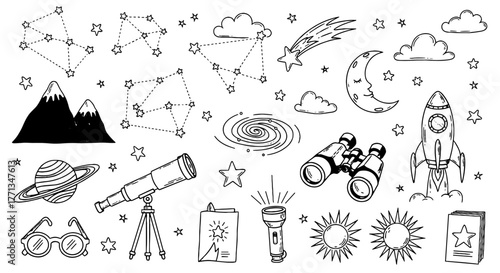 Astronomy Exploration Doodle Set: Discovering the Cosmos Through Hand-Drawn Illustrations Featuring Constellations, Planets, and Space Exploration Tools, Ideal for Educational Materials, Science Publi