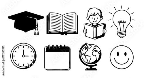 Back to School Learning Symbols: Educational Graphics for Students and Teachers –  A Collection of Black and White Illustrations Featuring a Graduation Cap, Open Book, Reading Child, Light Bulb Idea,