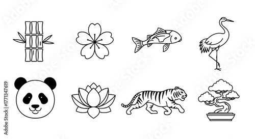 Detailed Asian Cultural Symbols Compilation: Bamboo, Cherry Blossom, Koi Fish, Crane, Panda, Lotus Flower, Tiger, and Bonsai Tree Illustrations, Representing Nature, Traditions, and Art for Print, Des