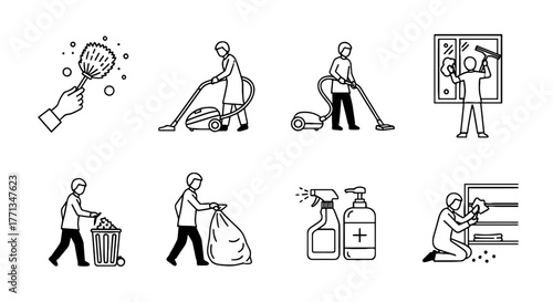 Detailed Line Art Icons of Cleaning Activities, Including Vacuuming, Dusting, Window Washing, and Trash Removal, Representing Home Care, Office Maintenance, and Janitorial Services for Presentations,