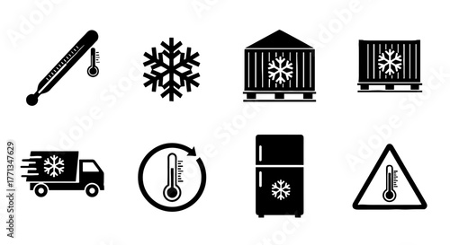 Cold Chain Logistics & Supply Management Icons: Maintaining Temperature Control, Ensuring Perishable Goods Integrity in Transit, Storage, and Distribution – Essential for Food, Pharma, Healthcare, Mod