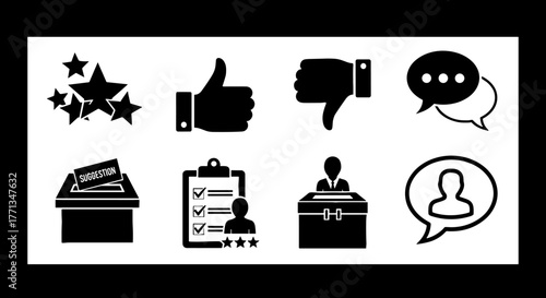 Customer Feedback and Opinion Icons Representing Surveys, Ratings, and Suggestions for Business and Website Evaluation and Review Processes in Black and White for Marketing Presentation (196/200)