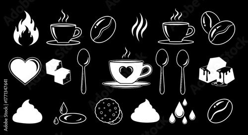 Coffee Break Doodle Collection: Hand-Drawn Style Coffee Time Icons, Sugar Cubes, Beans, Spoons, Cookie, and Cream Accompanying a Hot Beverage  for Cafeteria Menu Designs and Relaxing Morning Presentat