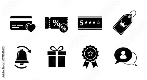 Loyalty Rewards Program Icons Set: Customer Appreciation Symbols for Marketing Campaigns, Promoting Customer Service, and Boosting Brand Loyalty with Sales, Discounts, Gifts, and Special Offers for E-