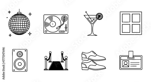 Elegant Nightclub Icons Set for Event Planning & Promotion: Stylish Disco Ball, Turntable, Cocktail, and Red Carpet for Parties, Music, Fashion, Celebrations & Corporate Events. Includes Speaker, Tile