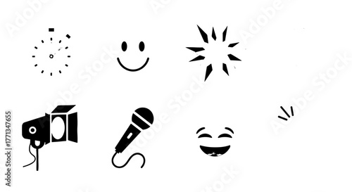 Engaging Stage Presentation with Spotlight and Microphone: Delivering Energetic Communication for Events, Media, and Performance Arts in a Modern, Minimalist Style with Clock, Smiles and Sparkles, Ide