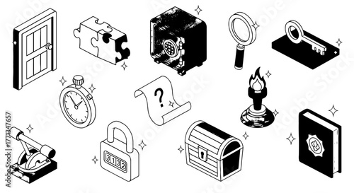 Isometric Escape Room Elements Illustration Featuring Puzzle, Key, Safe, and Torch for Mystery Solving and Problem Solving in a Game-Themed Setting with Adventure and Challenge for Presentation or Edu