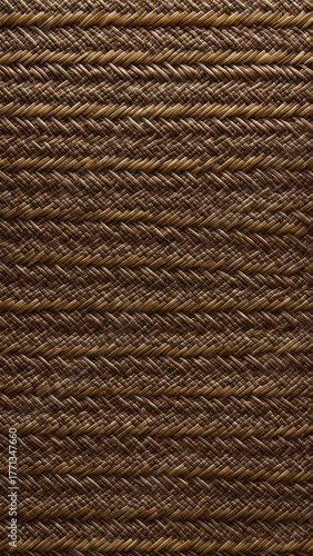 Natural wicker weave texture with alternating braided patterns, close-up of brown organic fibers for background or interior design use.