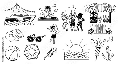 Summer Cruise Party Celebration with People Dancing and DJ Playing Music at Tiki Bar, a Nautical Holiday Vacation with Tropical Island Vibes and Fun Beach Activities for Relaxation and Tourism, Line A