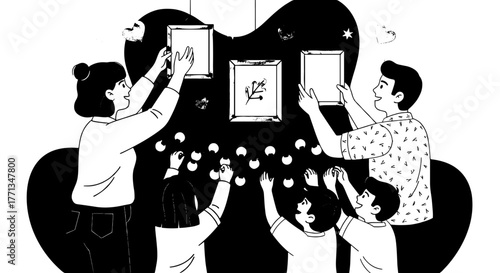 Happy Family Decorating Home Wall with Pictures and String Lights, Celebrating Together, Illustrative Style Artwork for Interior Design Projects, Modern Lifestyle, Family Bonding, Creative Decor, Wall