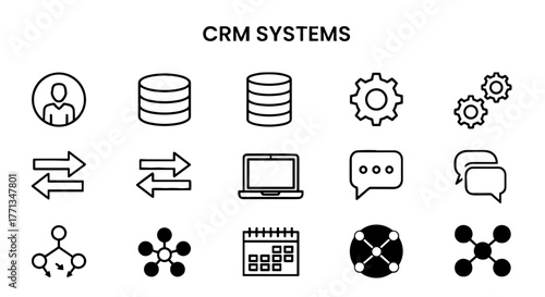 CRM Systems Icons Set Representing Customer Relationship Management, Data, Communication, and Automation for Business, Marketing, and Technology in a Clean, Modern, Minimalist, Bold Line Style for Pre