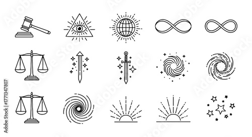 Celestial Symbols and Mystical Icons: Esoteric Blackwork Line Art for Spiritual Guidance & Occult Designs. Perfect for Astrology, Alchemy & Sacred Geometry Projects, Tattoo Art, Wellness Branding, Med