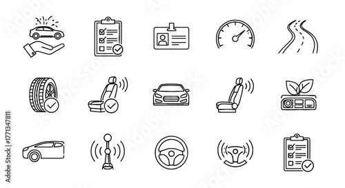 Autonomous Car Features and Inspection Line Icons: Vehicle Systems Check, Driver ID, Speedometer, Road, Tire Condition, Seat, Front View, Air Quality, Steering Wheel, Safety, Diagnostics, Control, Tec