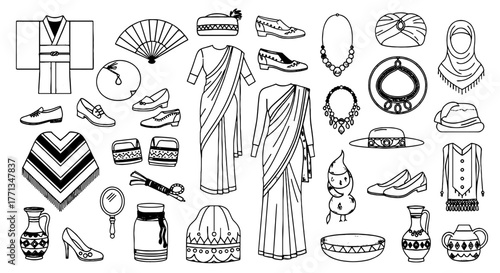 Cultural Clothing and Accessories Collage Displayed as Outlines: Traditional Garments and Jewelry From Around the World Presentation Template for Fashion & Travel Designs (Black and White Line Art) Ae