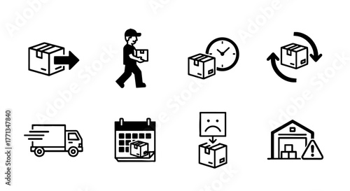 Delivery Process Icons Depicting Shipping, Logistics, and Supply Chain Management, Showing Shipment Tracking, Timely Arrival, Returns, and Storage  for Business, E-commerce, Marketing Material and Pro