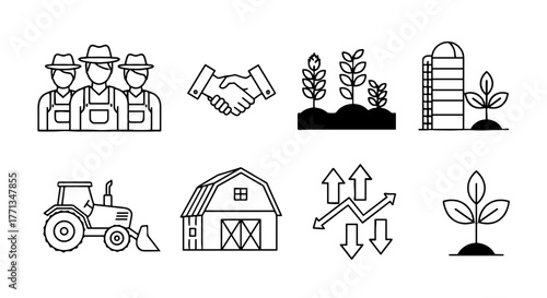 Agricultural Business Teamwork Concept Illustration: Farmers Collaboration on Crop Production with Barn, Tractor, and Market Growth Depiction for Farming Industry Presentations and Sustainable Agricul