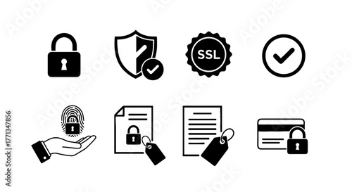 Data Security Assurance Icons Set: Protection, Encryption & Compliance Symbols for Digital Privacy, Secure Transactions & Confidentiality in Business, Finance & Technology (Modern Flat Vector Design)