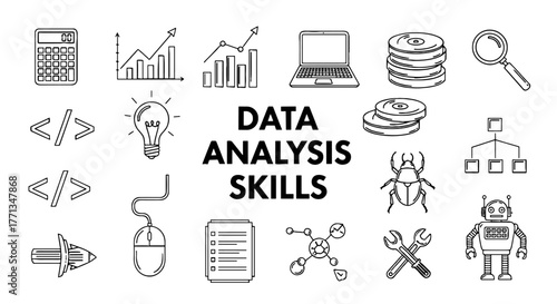 Data Analysis Skills Icons Set: Outlined Symbols Representing Analytical Processes, Database Management, Bug Detection, and Computer Science Applications in Modern Technology for Business Presentation