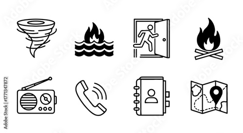 Emergency Preparedness Icons Set: Tornado, Flood, Evacuation, First Aid, Radio Communication, Phone, Contact List, Map - Disaster Planning Vector Symbols for Safety Education & Awareness Materials (20