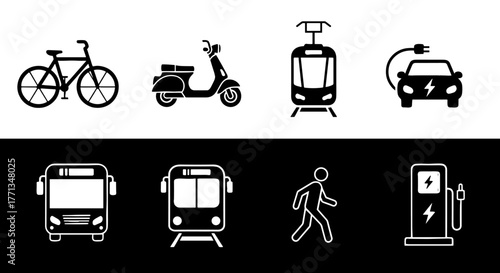 Sustainable Urban Transportation Icons: Diverse Mobility Options for Eco-Friendly City Living, Representing Bikes, Scooters, Electric Cars, Buses, Trains, and Pedestrians for Modern, Green Infrastruct