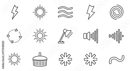 Line Icon Set Representing Natural Phenomena & Technology for Modern Visual Communication: Outlined Symbols Depicting Weather, Energy, Sound Waves & Design Elements for Graphic Design & UI/UX Projects