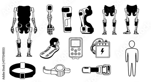 Exoskeleton System Components Isolated for Medical Mobility Assistance Device Technology Illustration, Featuring Robotic Limbs, Power Supply, Control Panel for Healthcare & Engineering Design, Suitabl