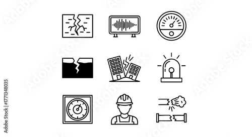 Earthquake Disaster Response Icons Showing Seismic Activity, Damaged Buildings, Broken Pipes, Emergency Alarm and Measurement Tool, Providing Visuals for Presentations and Informational Materials (197