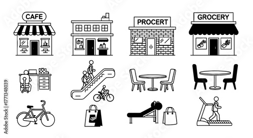 Set of Line Art Icons Depicting Daily Life Scenarios: Shopping, Dining, Working, Exercising & Commuting, Ideal for Urban Lifestyle Illustrations, Business Presentations, Retail Marketing, Health & Wel
