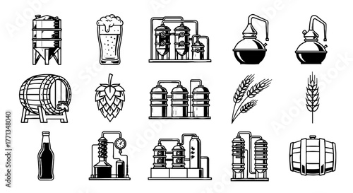 Brewery Equipment and Ingredients Icons Set: Crafting Process Illustrations for Beverage Production, Distilling, and Brewing Industry - Beer Making, Alcohol Production Graphics in Modern Design for Pr