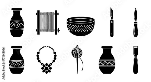 Handicrafts & Craftsmanship Collection: Artistic Vase, Loom, Bowl, Surgical Tools, Jewelry & Needlework, Representing Traditional Skills, Cultural Heritage & Creative Pursuits for Design, Illustration