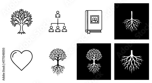 Genealogy Research Icons Depicting Family Heritage and Roots: Exploring Ancestry and Lineage through Genealogical Charts, Family Tree Diagrams, Historical Records, and Personal History Books for Legac