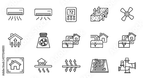 HVAC System Icons: Illustrating Home Comfort, Heating, Ventilation, and Air Conditioning for Modern Residences, Showcasing Thermostat Control, Geothermal Energy, Radiant Heating, and Hydronic Systems