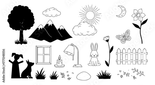 Whimsical Nature Scene Line Art Illustration: A charming landscape featuring trees, mountains, and a cozy window view, perfect for storybook illustrations, educational materials, or serene wall decor.