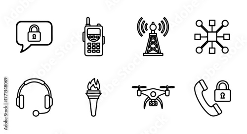 Communication Technologies Outline Icons Set: Wireless Network Infrastructure for Modern Connection, Including Radio, Tower, Security, Drone, and Headset, Represents High-Tech Innovation, Global Reach
